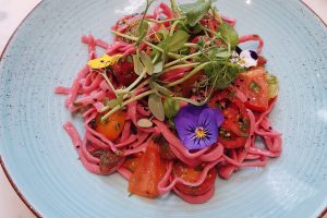 Pink ribbon pasta from EL&N Cafe, brompton rd, Chelsea. Instagrammable brunch in London. Vegetarian and vegan friendly