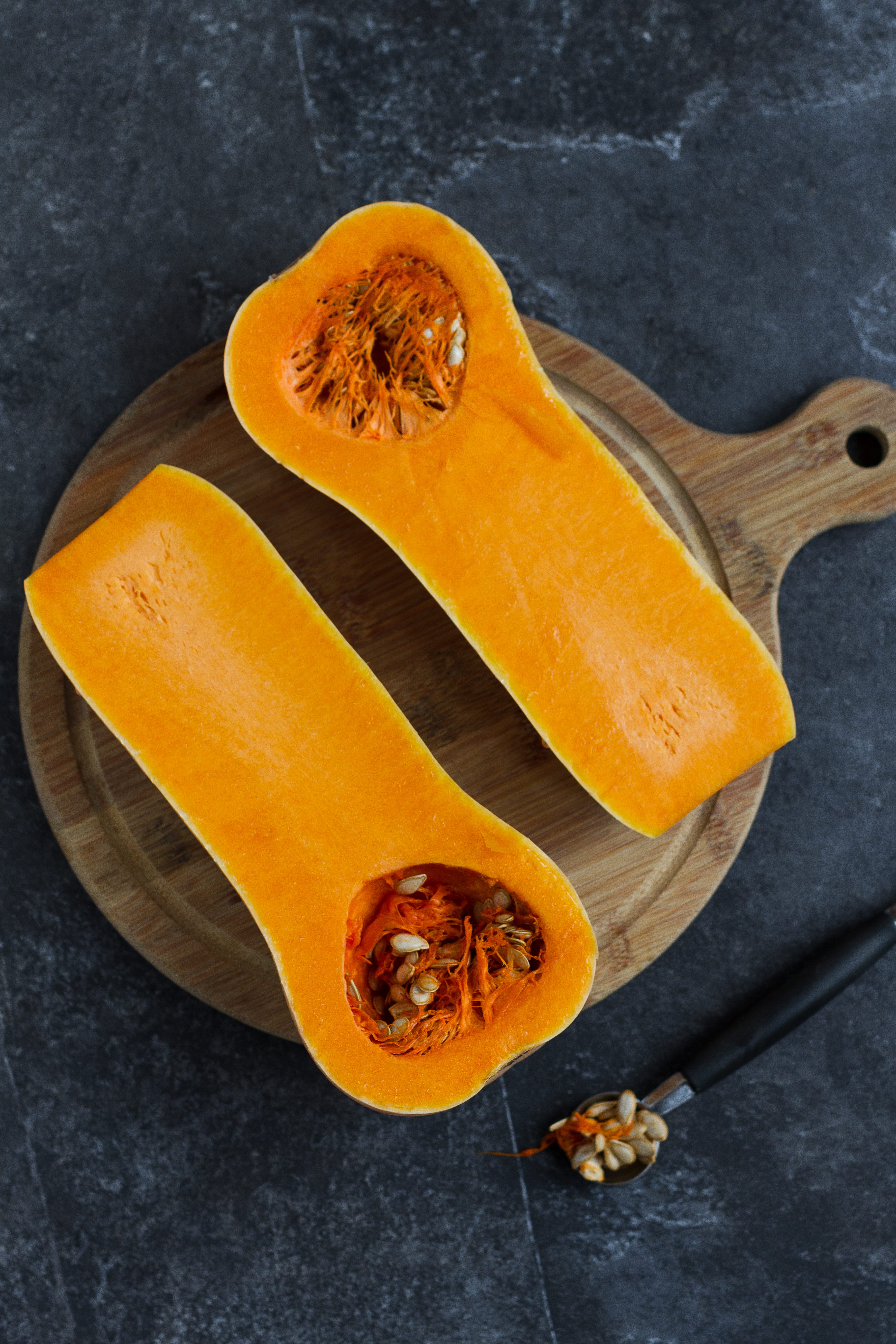 butternut squash being prepared to roast