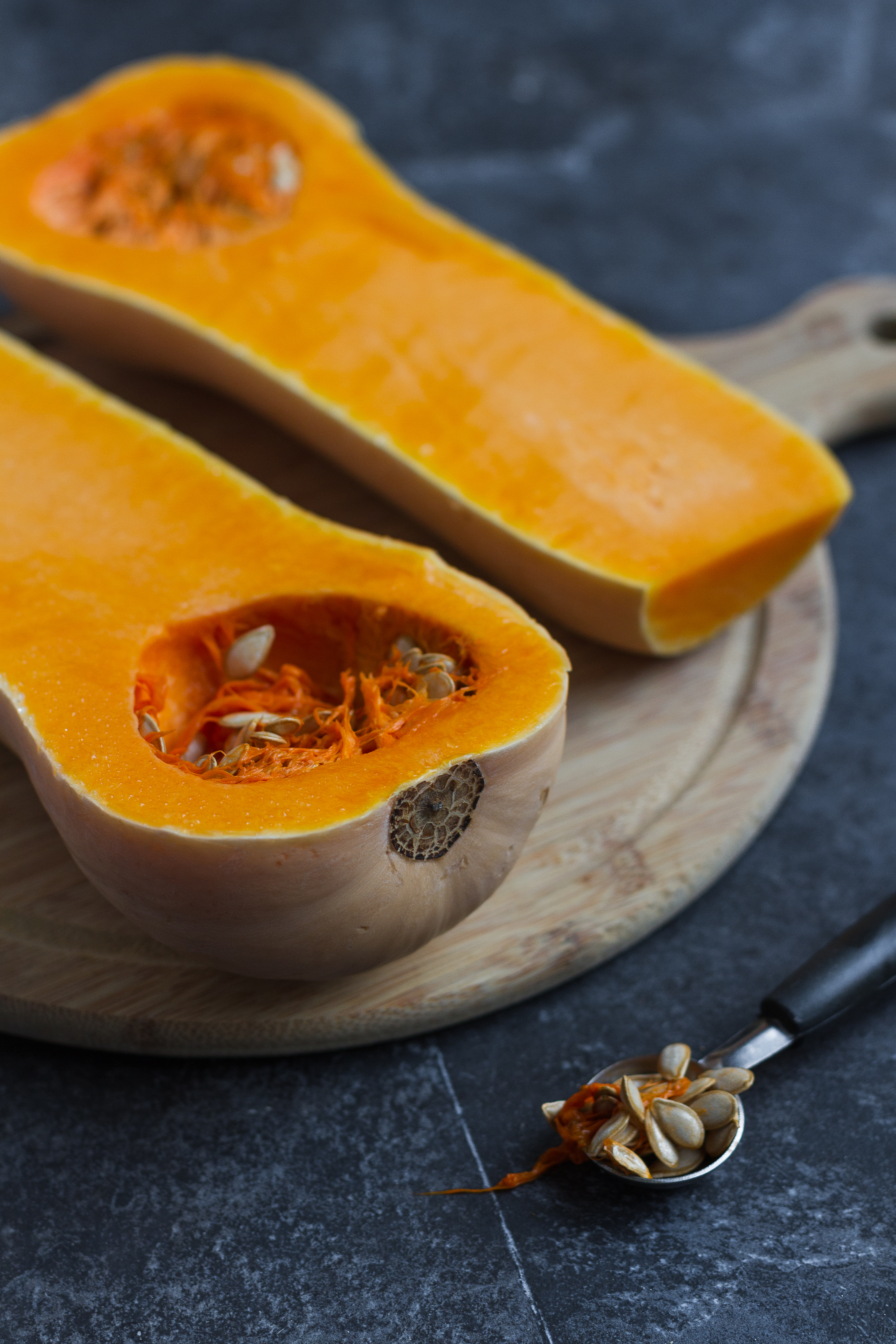 Butternut squash being prepared to roast