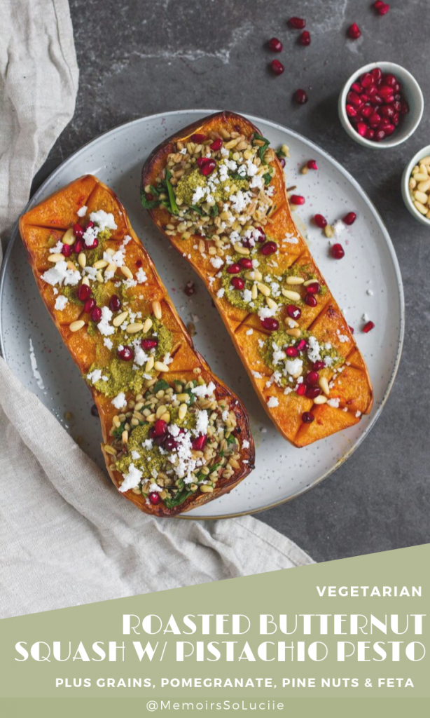 Vegetarian roasted butternut squash with pistachio pesto, grains, pine nuts, pomegranate and feta. A delicious fall recipe, perfect vegetarian Thanksgiving recipe.