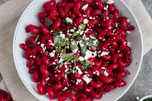 Blood red beetroot pasta salad - a delicious vegan halloween pasta recipe, and generally great vegan halloween recipe. With basil and Vegan feta