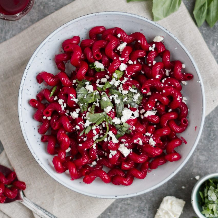 Blood red beetroot pasta salad - a delicious vegan halloween pasta recipe, and generally great vegan halloween recipe. With basil and Vegan feta