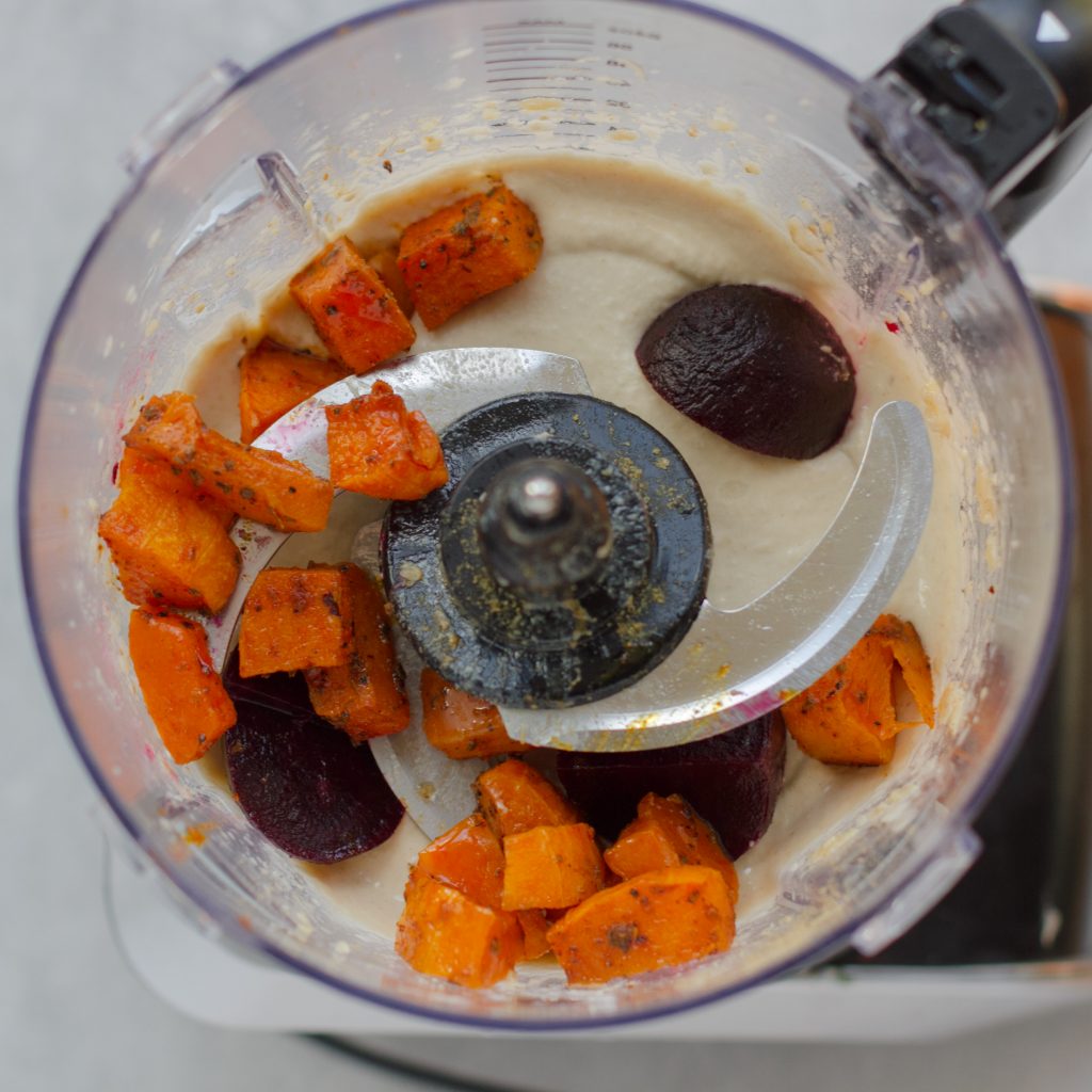 adding butternut squash and beetroot to hummus recipe
